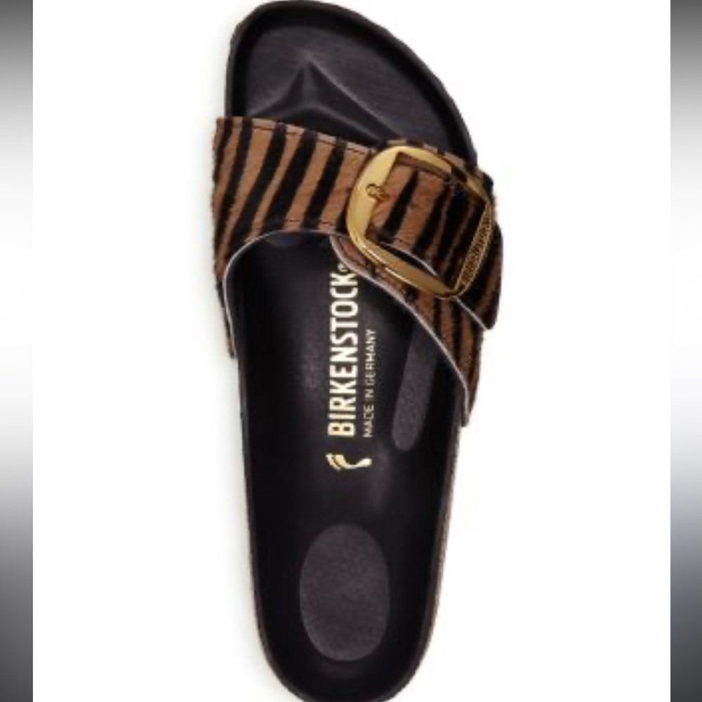 Birkenstock Women's Madrid Big Buckle Brown Zebra Animal-Printed Slide Sandals